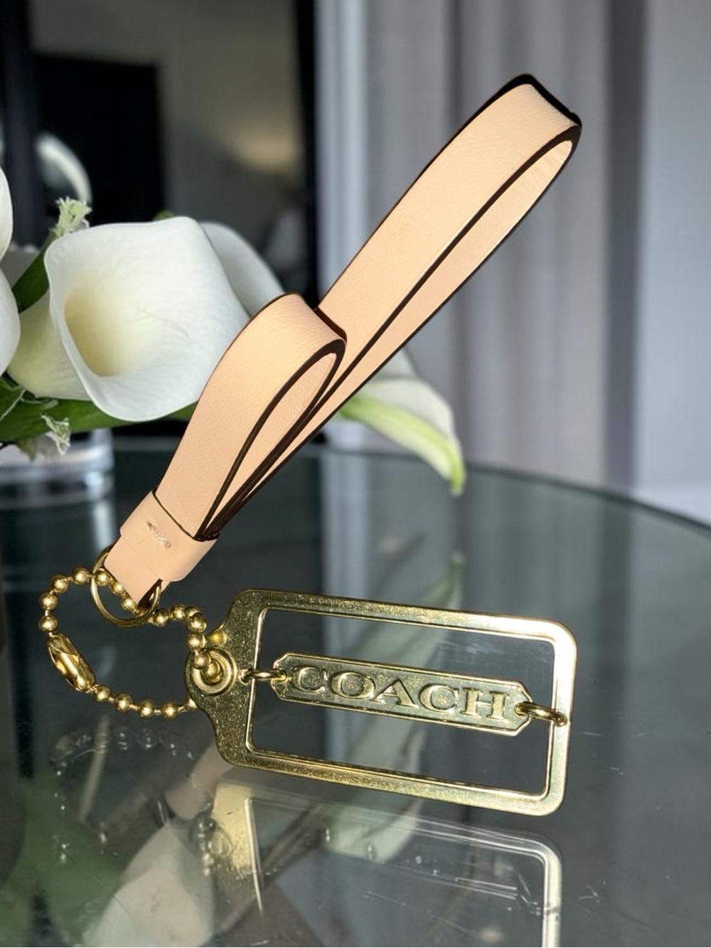 Coach Gold Metal Handgtag and Leather Wristlet Keychain